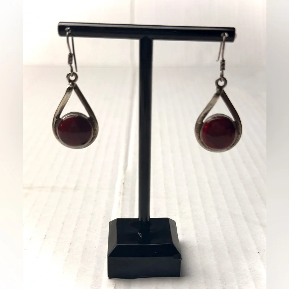 Vintage Sterling Silver 925‎ Red Cabochon Gemstone Dangle Earrings Blood Jasper
